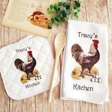 Personalized Country Rooster Kitchen Towel and Pot Holder Gift Set