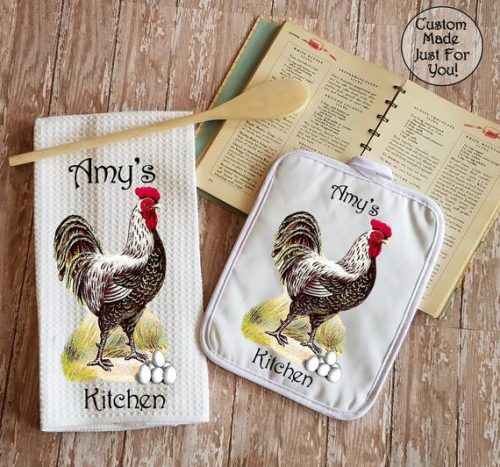 Personalized Rooster Kitchen Towel and Potholder Set