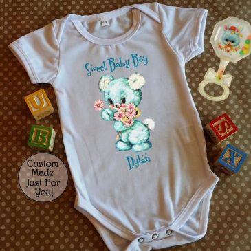Personalized Retro Kitsch Blue Teddy Bear Baby Boy Bodysuit
