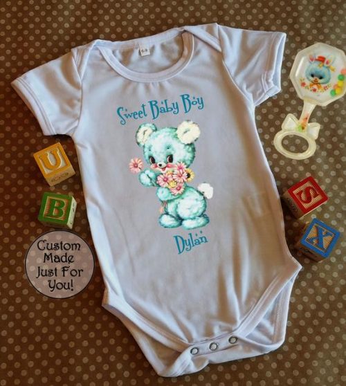 Personalized Baby Boy Retro Kitsch Blue Teddy BearOnesie One Piece Baby Bodysuit, New Baby Gift, Baby Shower Gift