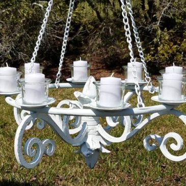 Hand Painted Vintage Shabby White Cast Iron Candle Chandelier