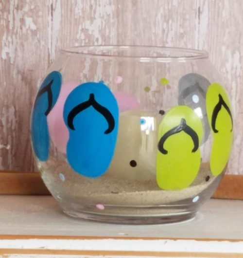 Hand Painted Flip Flop Glass Candy Dish or Candle Holder Beach Cottage Decor