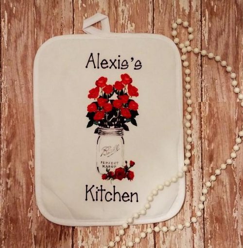 Personalized Red Roses in Mason Jar Kitchen Towel Dish Cloth & Pot Holder Gift Set, Pretty Cottagecore Housewarming or Bridal Shower Gift