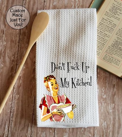 Retro Don't Fuck Up My Kitchen Towel Dish Cloth and Pot Holder Gift Set, Retro Vintage Kitchen Decor, Housewarming Gift, Can Be Personalized