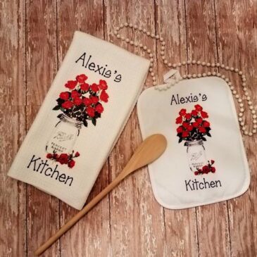 Personalized Red Roses in Mason Jar Kitchen Towel Dish Cloth Gift Set