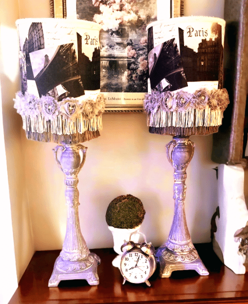 Handmade Tall Gray Ornate French Lamps With Paris Photo Shades