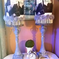 Gray Paris Table Lamps, Gorgeous Pair of Ornate French Lamps w/ Shades Featuring Paris France Photos w/ Fringe & Rosettes, One Of A Kind SET