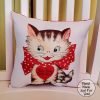 Handmade Vintage Kitsch Kitty Cat Valentine's Day Gift Pillow Made From Retro 1950's Greeting Card Image, Valentine's Day Decor