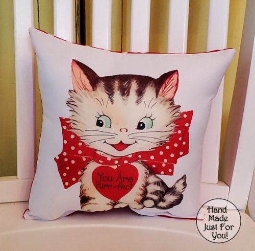 Handmade Vintage Kitsch Kitty Cat Valentine's Day Gift Pillow Made From Retro 1950's Greeting Card Image, Valentine's Day Decor