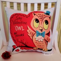 Handmade Vintage Kitsch Owl Valentine's Day Pillow Made From Retro 1950's Greeting Card Image, Valentine's Day Decor