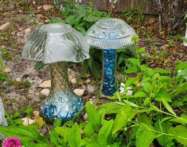 Upcycled Glass Mushrooms Garden Decor