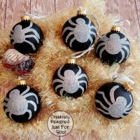 Halloween Spider Tree Ornaments, Black Glass Ball Ornaments with Silver Glittered Spiders, Set of 6, Creepy Halloween Tree Decor