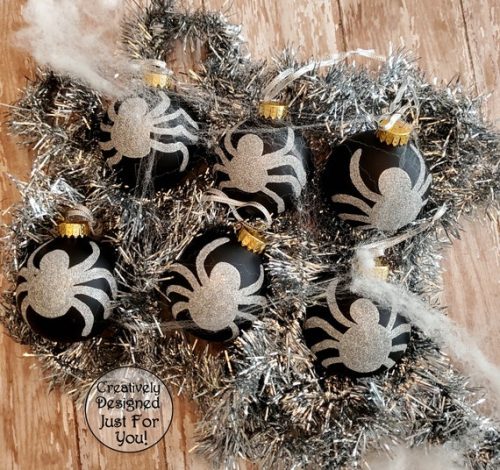 Halloween Spider Tree Ornaments, Black Glass Ball Ornaments with Silver Glittered Spiders, Set of 6, Creepy Halloween Tree Decor