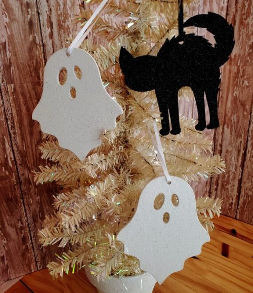Glittered Black Cat and Ghost Halloween Tree Ornaments Halloween & Fall