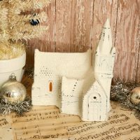 Distressed White Glittered Lighted Christmas Church For a Shabby Chic, French Country Holiday Village, Upcycled Vintage