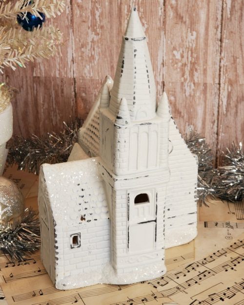 Distressed White Glittered Lighted Christmas Church French Country Decor