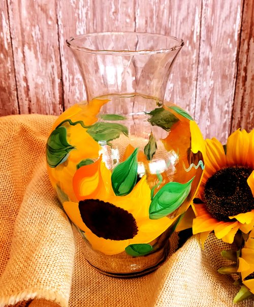 Hand Painted Sunflower Glass Vase, Country Farmhouse Décor, Table Centerpiece, 3