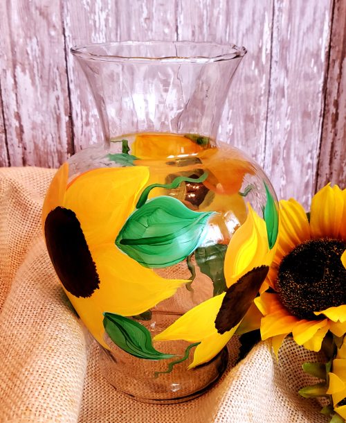 Hand Painted Sunflower Glass Vase, Country Farmhouse Décor, Table Centerpiece, 2