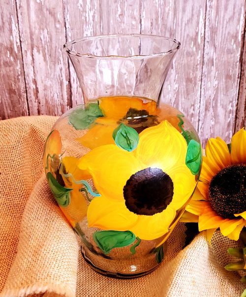Hand Painted Sunflower Glass Vase, Country Farmhouse Décor, Table Centerpiece, 4