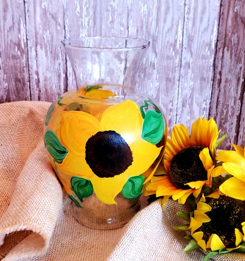 Hand Painted Sunflower Glass Vase, Country Farmhouse Décor, Table Centerpiece, 6