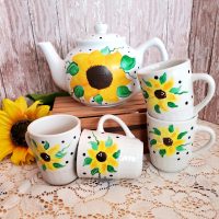 Hand Painted Sunflower Tea Pot and Mug Set Farmhouse Decor