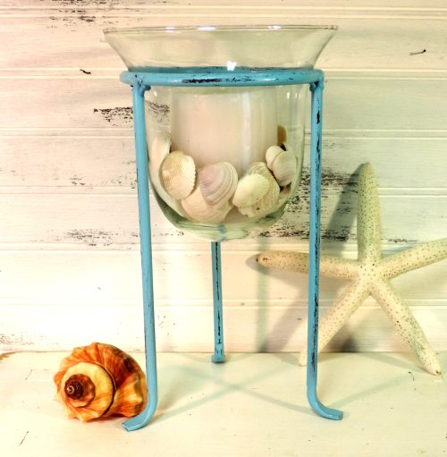 Shabby Chic Beachy Blue Metal Candle Holder with Seashells