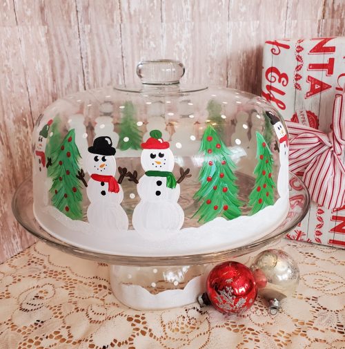 One Of A Kind Hand Painted Upcycled Snowman Christmas Domed Cake Plate Cake Stand