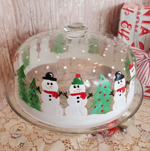 One Of A Kind Hand Painted Upcycled Snowman Christmas Domed Cake Plate Cake Stand Top View