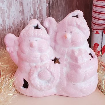Shabby Pink Glittered Snowman Couple Tealight Candle Holder