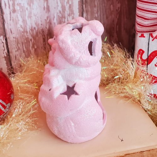 Shabby Chic Pink Glittered Snowman Tealight Candle Holder side view
