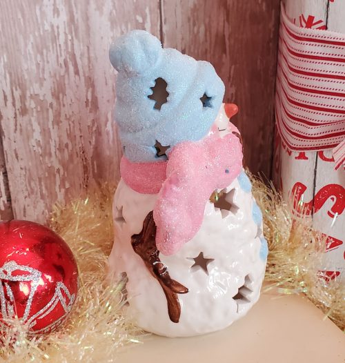 Shabby Chic Pastel Pink and Blue Glittered Snowman Tealight Candle Holder Side View 2