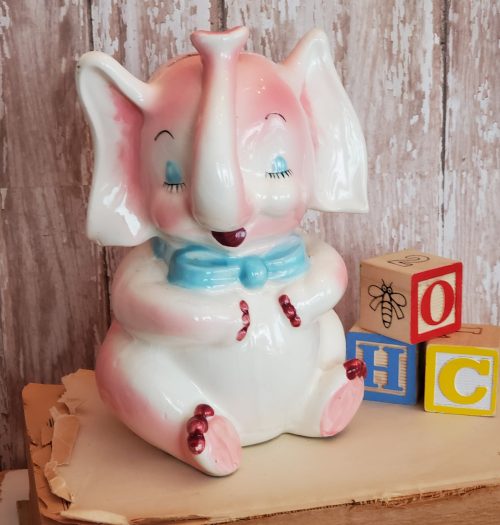 Vintage Pink and Blue Pastel Kitsch Elephant Piggy Bank 1950s or 60s