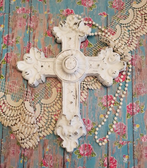Shabby Chic White Distressed Ornate Decorative Cross Wall Decor
