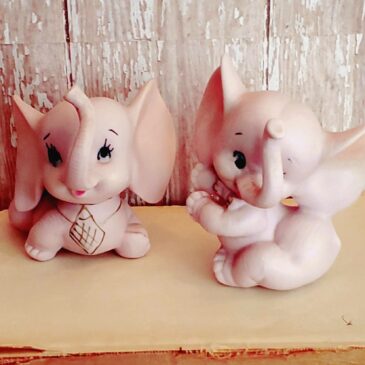 Vintage Kitsch Pink Baby Elephant Bisque Figurines