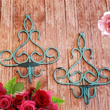 Distressed Blue Cast Iron Metal Scroll Wall Sconces