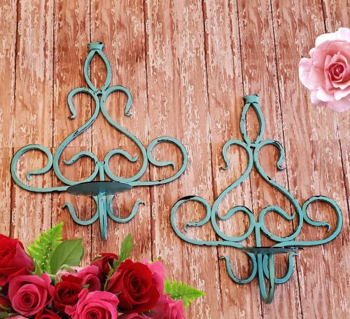 shabby chic Turquoise Cast Iron Metal Scroll Candle Wall Sconces