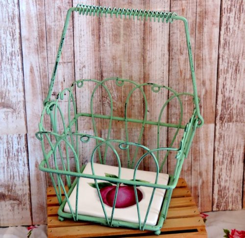 Green Wire Basket With Tile Bottom Country Kitchen Decor