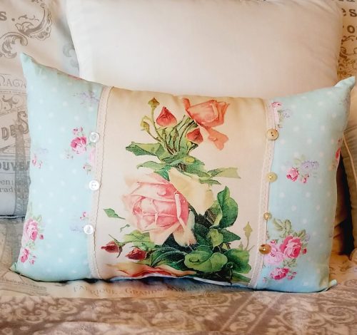 Vintage Inspired Shabby Chic Rose Pillow in Soft Green
