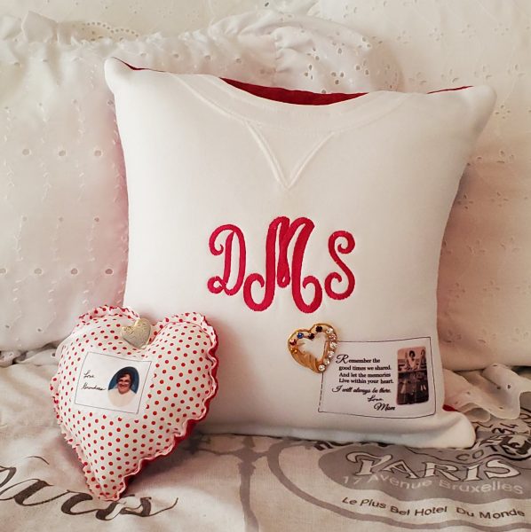 Memory Pillow Made From Grandmas Shirt, Brooch and Photo
