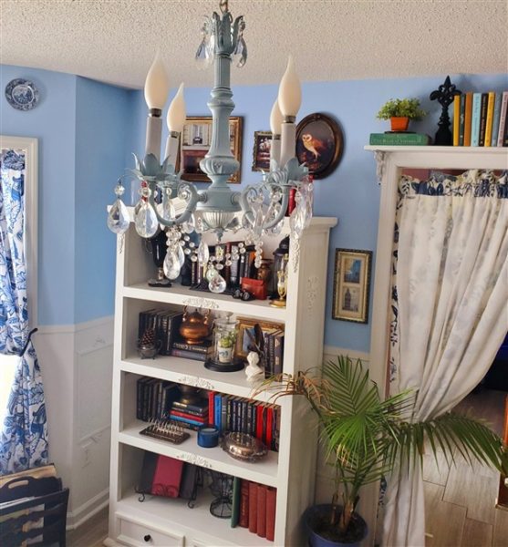 light blue chandelier for home library