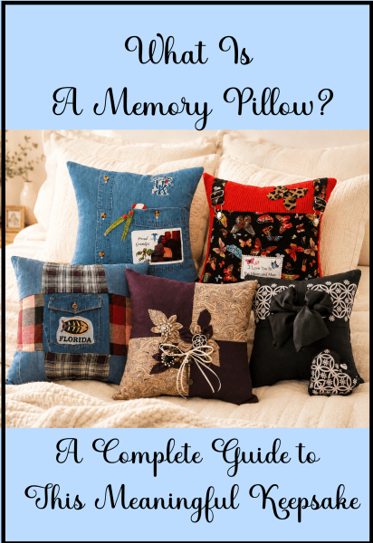 A Group Of Custom Made Memory Pillows with the text What Is a Memory Pillow? A Complete Guide to This Meaningful Keepsake