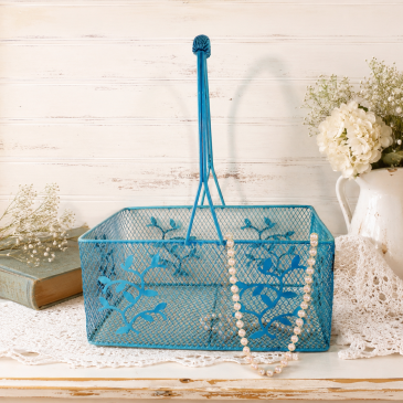 Turquoise Painted Metal Basket with Handle – Cottage Style Decorative Storage