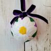 Set of six Plum Noir purple glass Christmas ornaments with hand painted white poinsettias and velvet ribbon bows