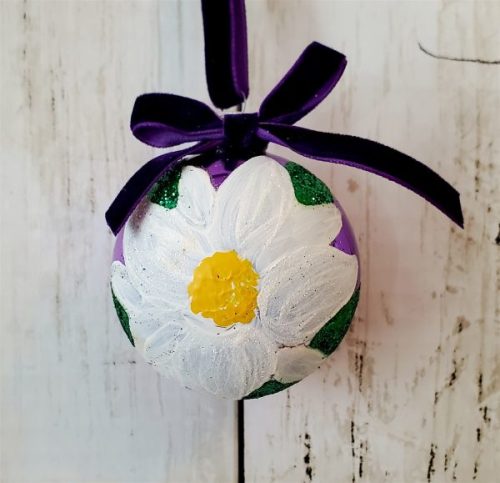 Set of six Plum Noir purple glass Christmas ornaments with hand painted white poinsettias and velvet ribbon bows