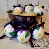 Set of six Plum Noir purple glass Christmas ornaments with hand painted white poinsettias and velvet ribbon bows