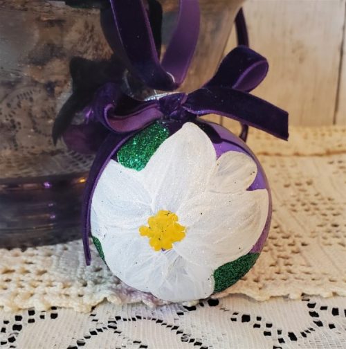 Set of six Plum Noir purple glass Christmas ornaments with hand painted white poinsettias and velvet ribbon bows