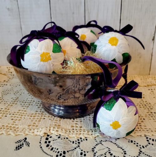 Set of six Plum Noir purple glass Christmas ornaments with hand painted white poinsettias and velvet ribbon bows