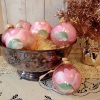 Set of seven hand-painted pink rose glitter glass Christmas ornaments styled for shabby chic and coquette holiday decor.