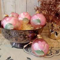 Set of seven hand-painted pink rose glitter glass Christmas ornaments styled for shabby chic and coquette holiday decor.
