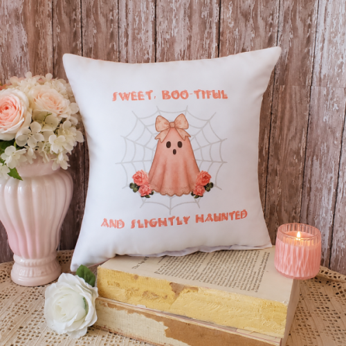 pink coquette ghost halloween throw pillow